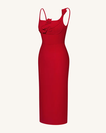 3D 花卉貼花方領緊身中長連衣裙 - 紅色