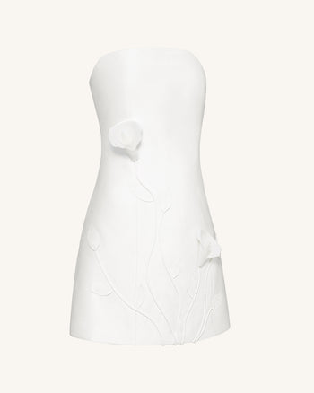 3D藤蔓花卉無肩帶迷你連身裙 – 白色