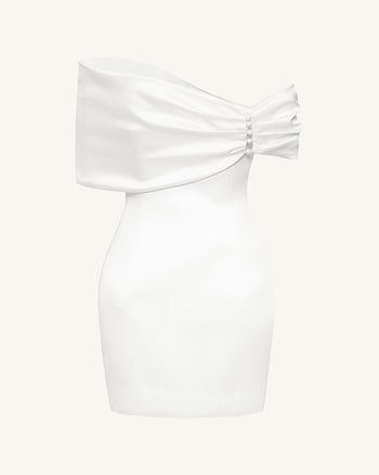 緞面不對稱蝴蝶結迷你連衣裙 - 白色