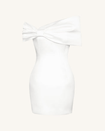 緞面不對稱蝴蝶結迷你連衣裙 - 白色