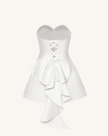 緞面露肩蝴蝶結背部迷你連身裙 - 白色