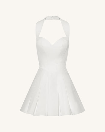 褶飾馬甲掛頸短連身裙 - 白色