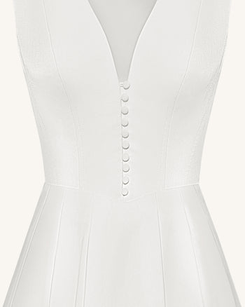 V領褶飾中長連身裙 - 白色