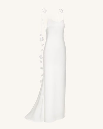 Satin 細肩帶飾花卉飄帶長連身裙 - 白色