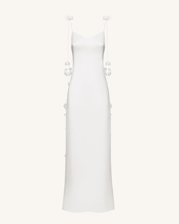 Satin 細肩帶飾花卉飄帶長連身裙 - 白色