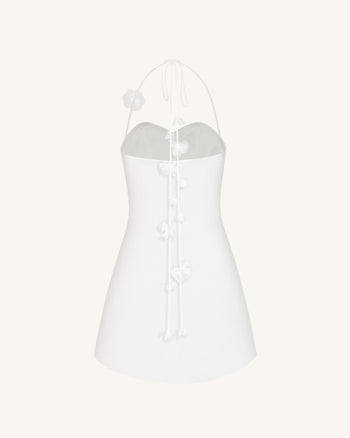 印花褶飾掛頸短連身裙 - 白色