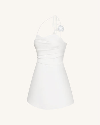 印花褶飾掛頸短連身裙 - 白色