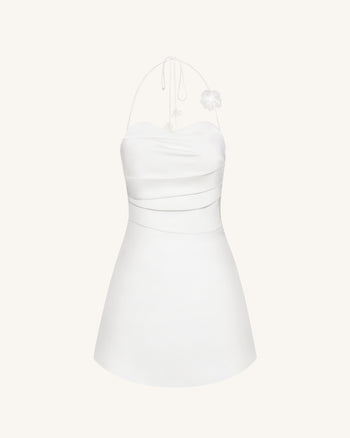 印花褶飾掛頸短連身裙 - 白色