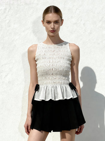 縮褶荷葉邊無袖上衣 - 白色