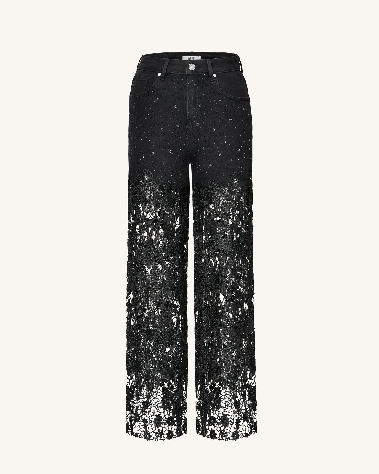 高腰闊腳蕾絲刺繡水鑽牛仔褲 - 黑色