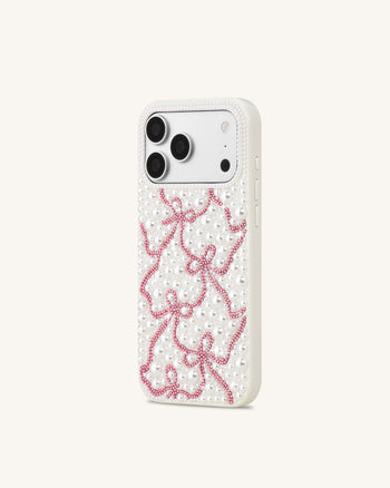 珍珠人造水晶絲帶蝴蝶結手機殼 - 白色
