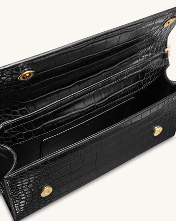 Maya 豹形金屬手柄手挽袋 - 黑色鱷魚紋