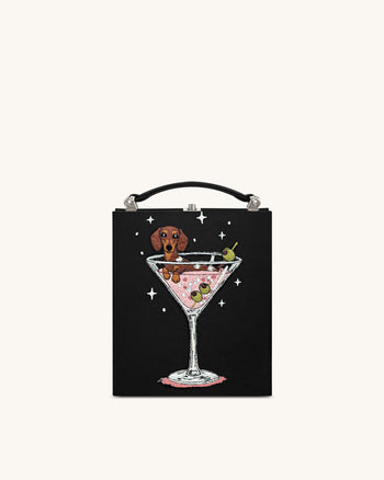 Taya 酒杯小狗圖案書形手拿袋 - 黑色