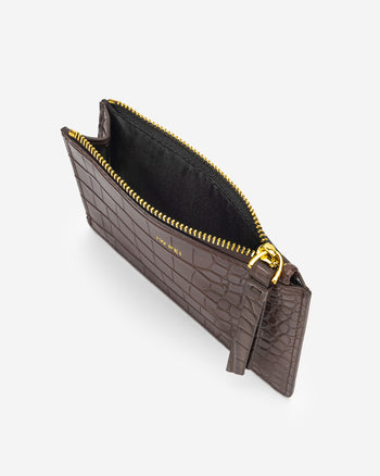 Quinn 拉鏈卡包 - 棕色鱷魚紋