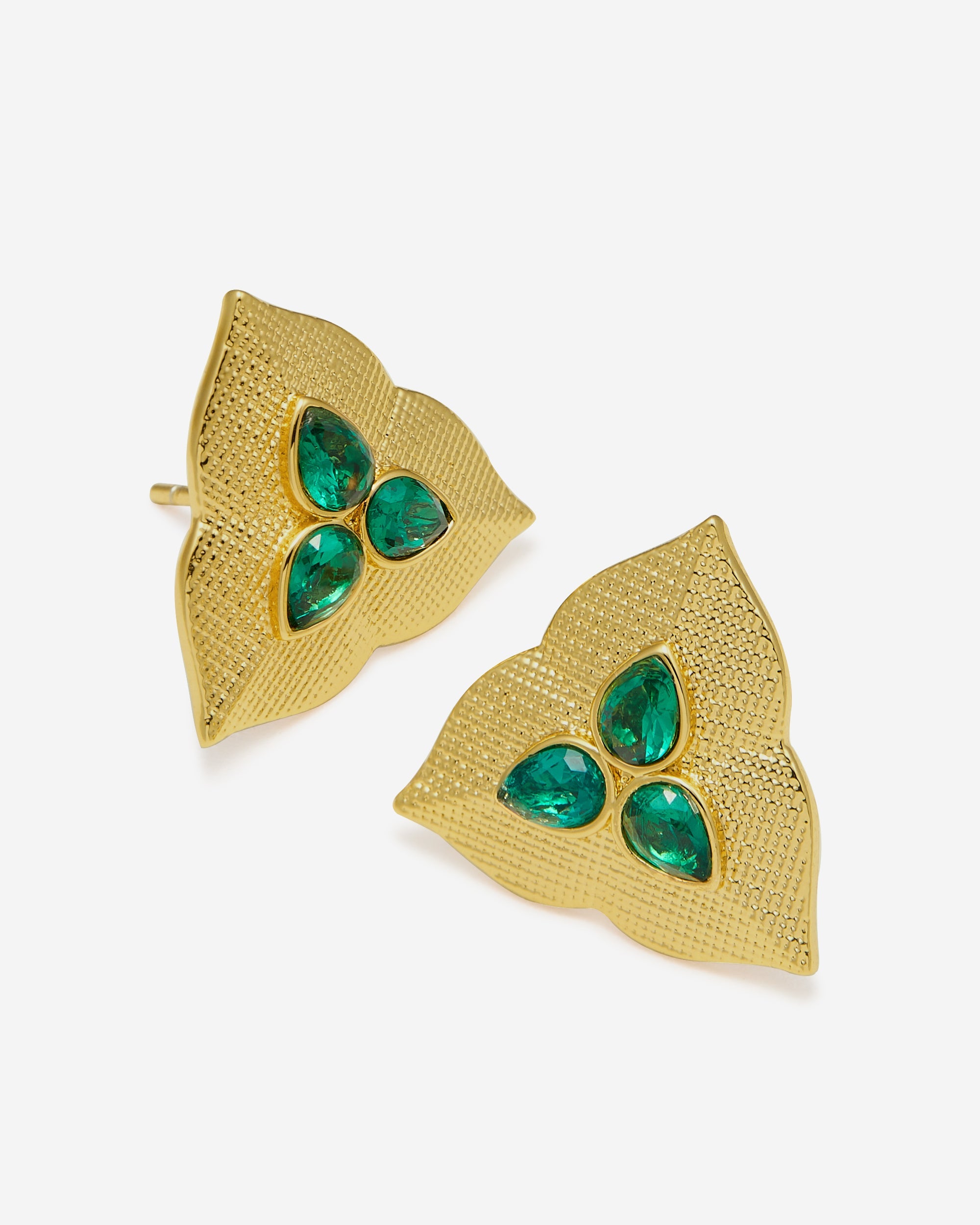 葉子耳環 - 18ct 鍍金&深綠色鋯石