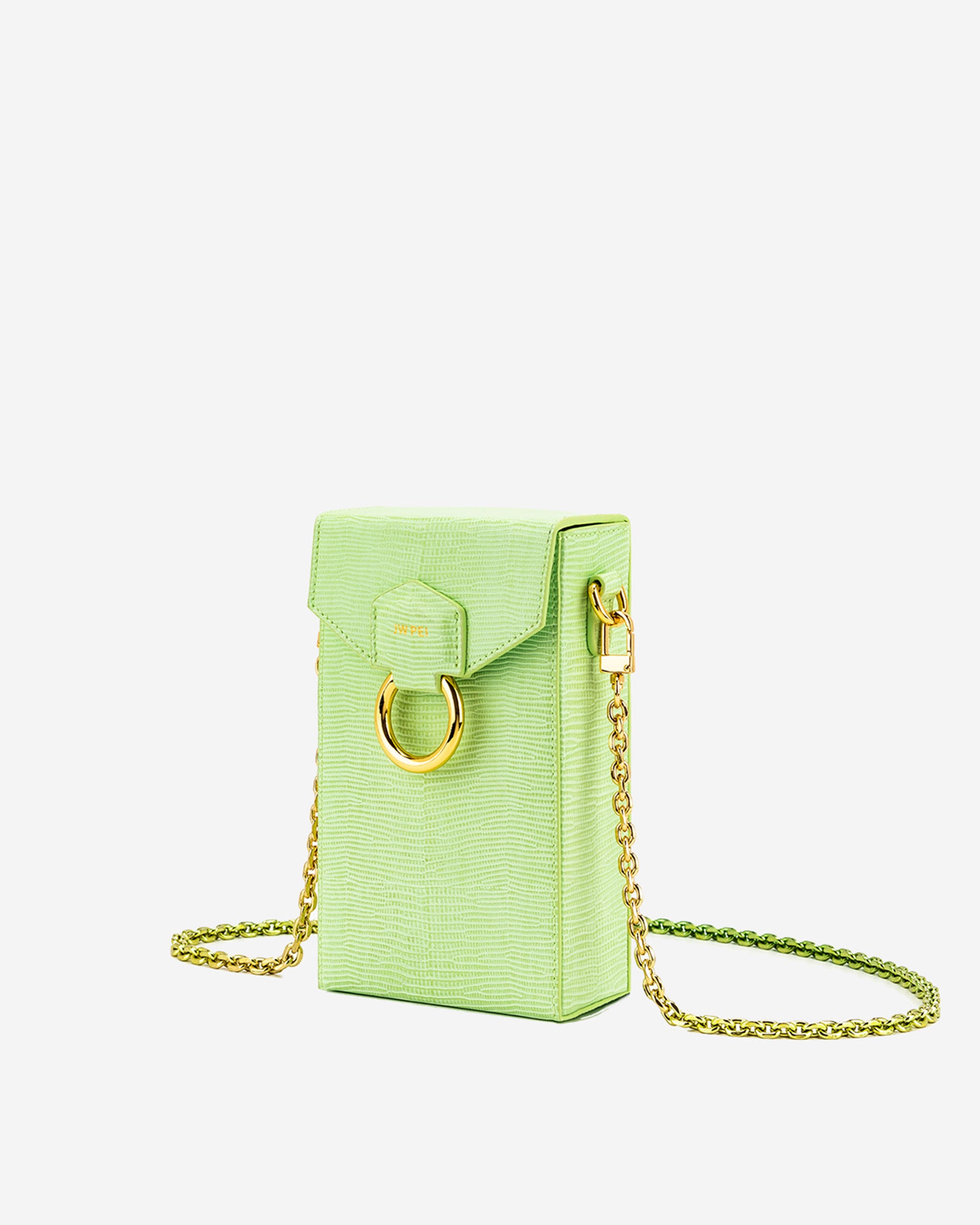 Lola 鏈條手機盒子包- 檸檬綠色蜥蜴紋