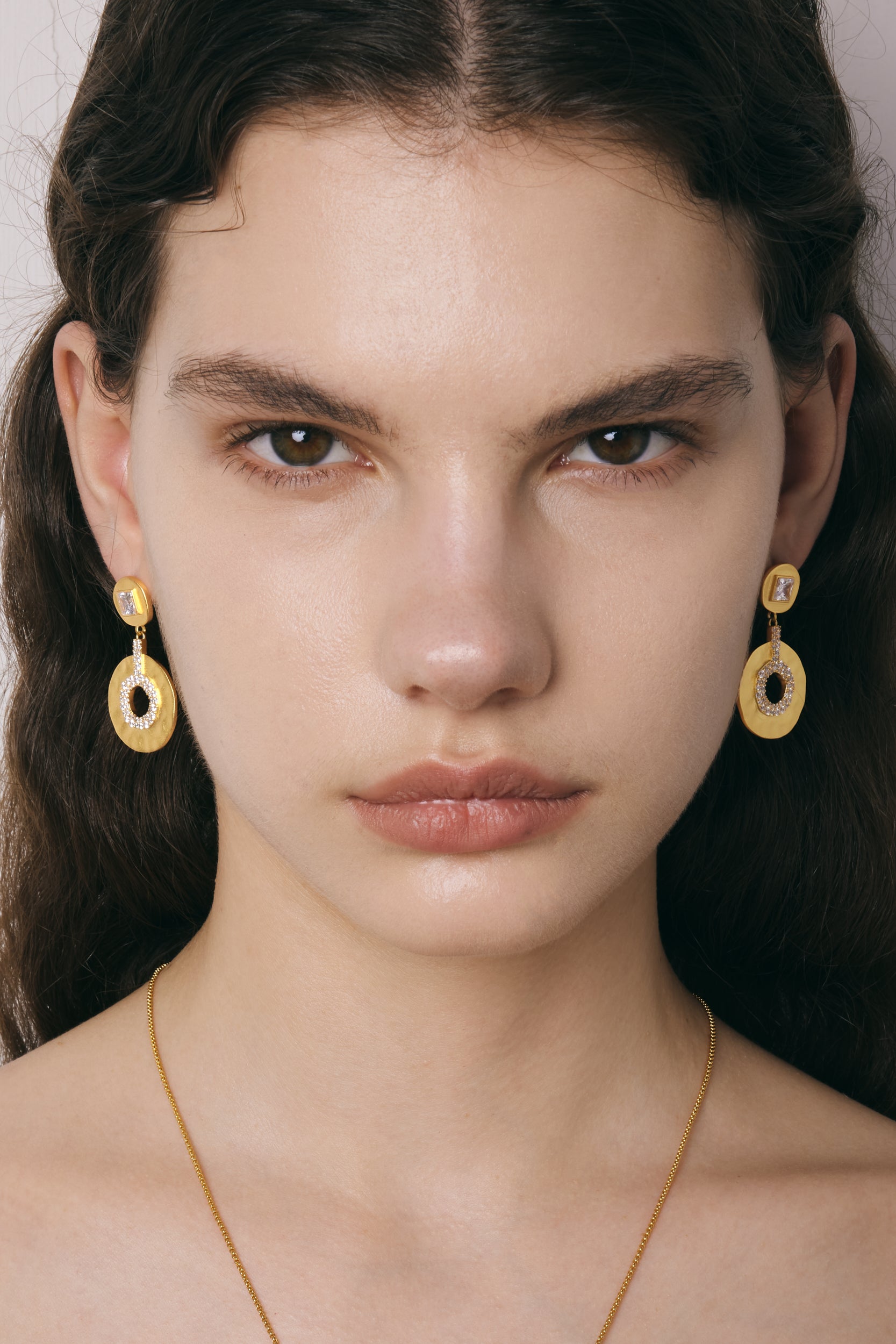 Geometrical Openwork Small Round Earrings - 18ct Gold Plated & White Zircon