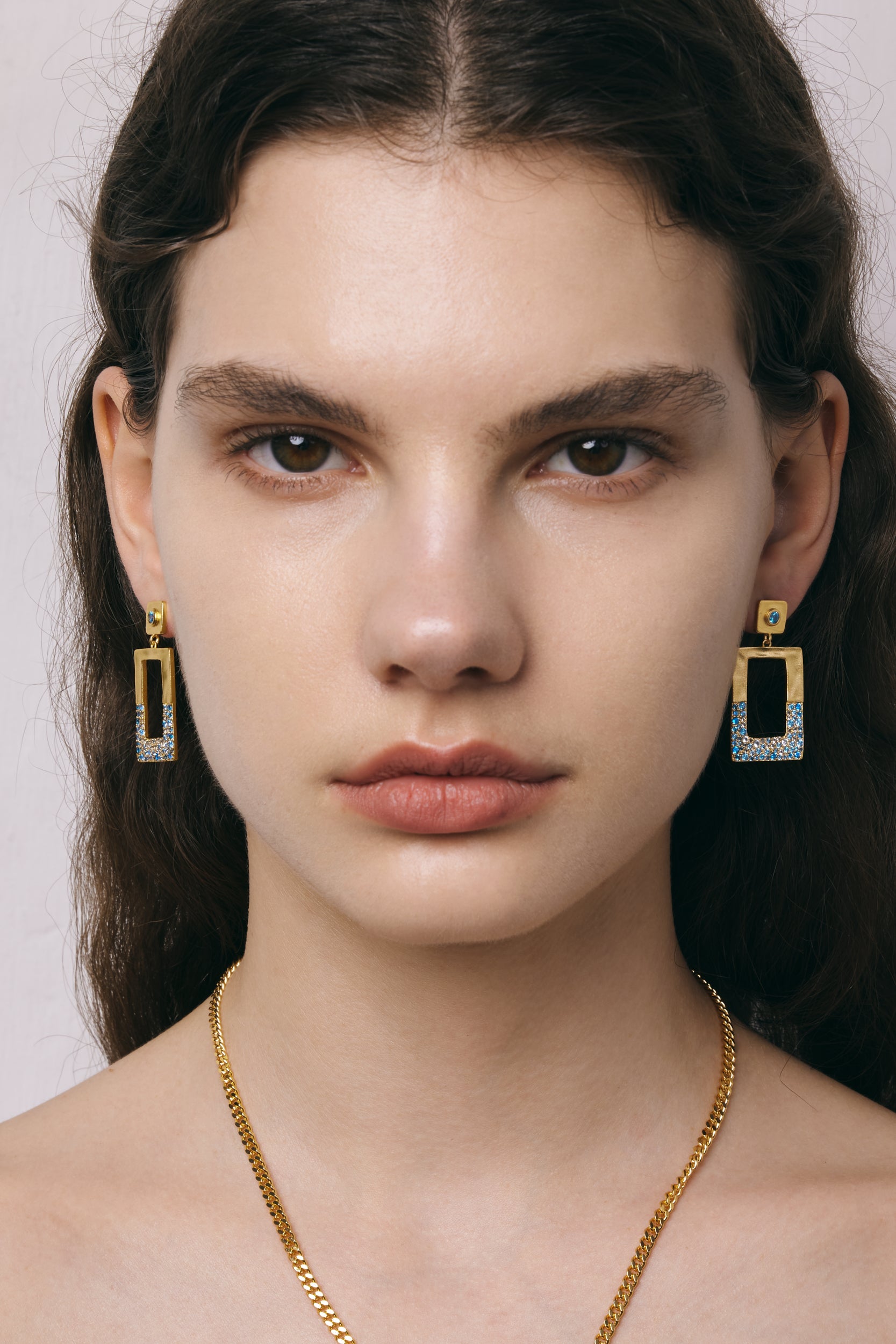 Geometrical Openwork Rectangle Earrings - 18ct Gold Plated & Sea Blue Nano