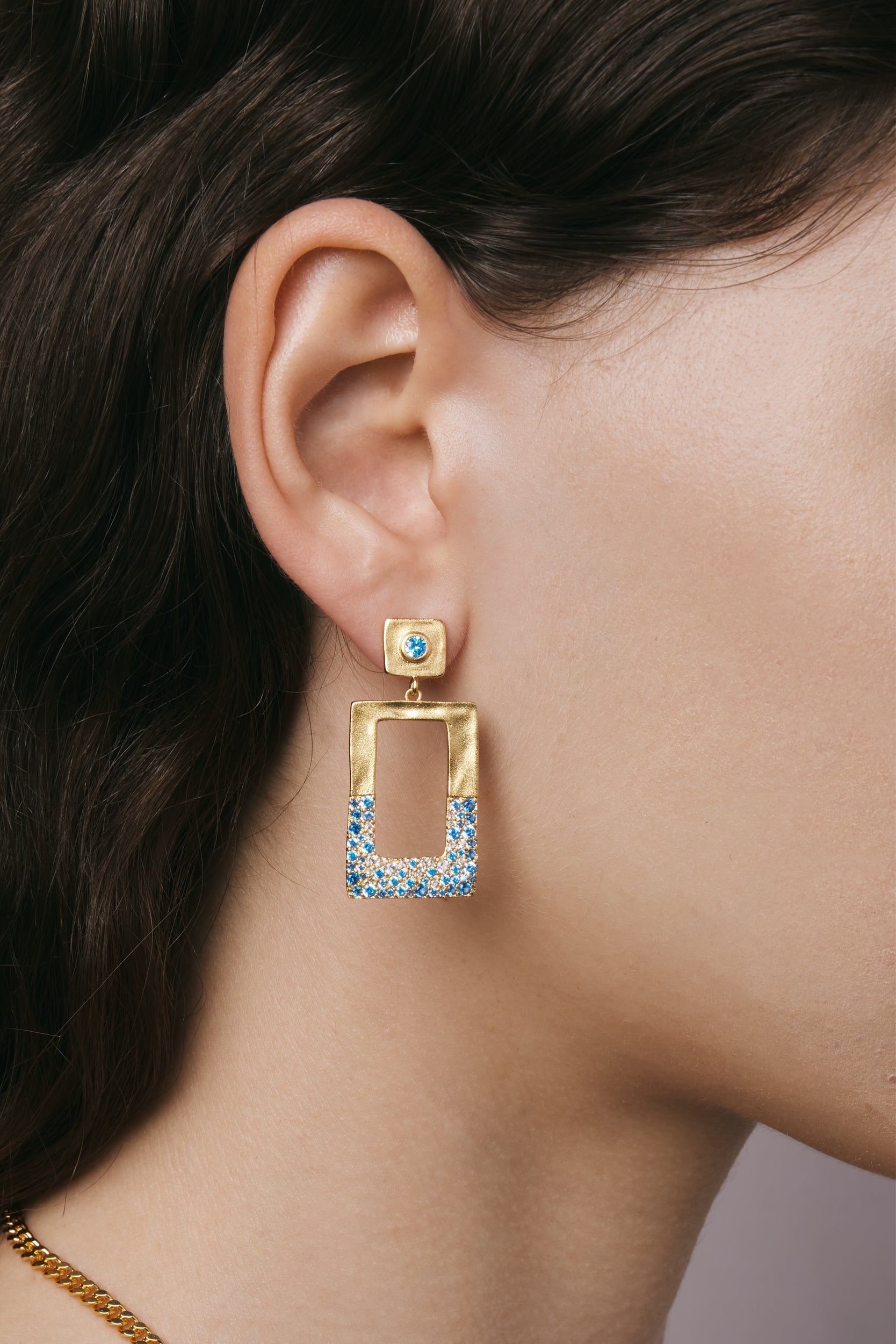 Geometrical Openwork Rectangle Earrings - 18ct Gold Plated & Sea Blue Nano