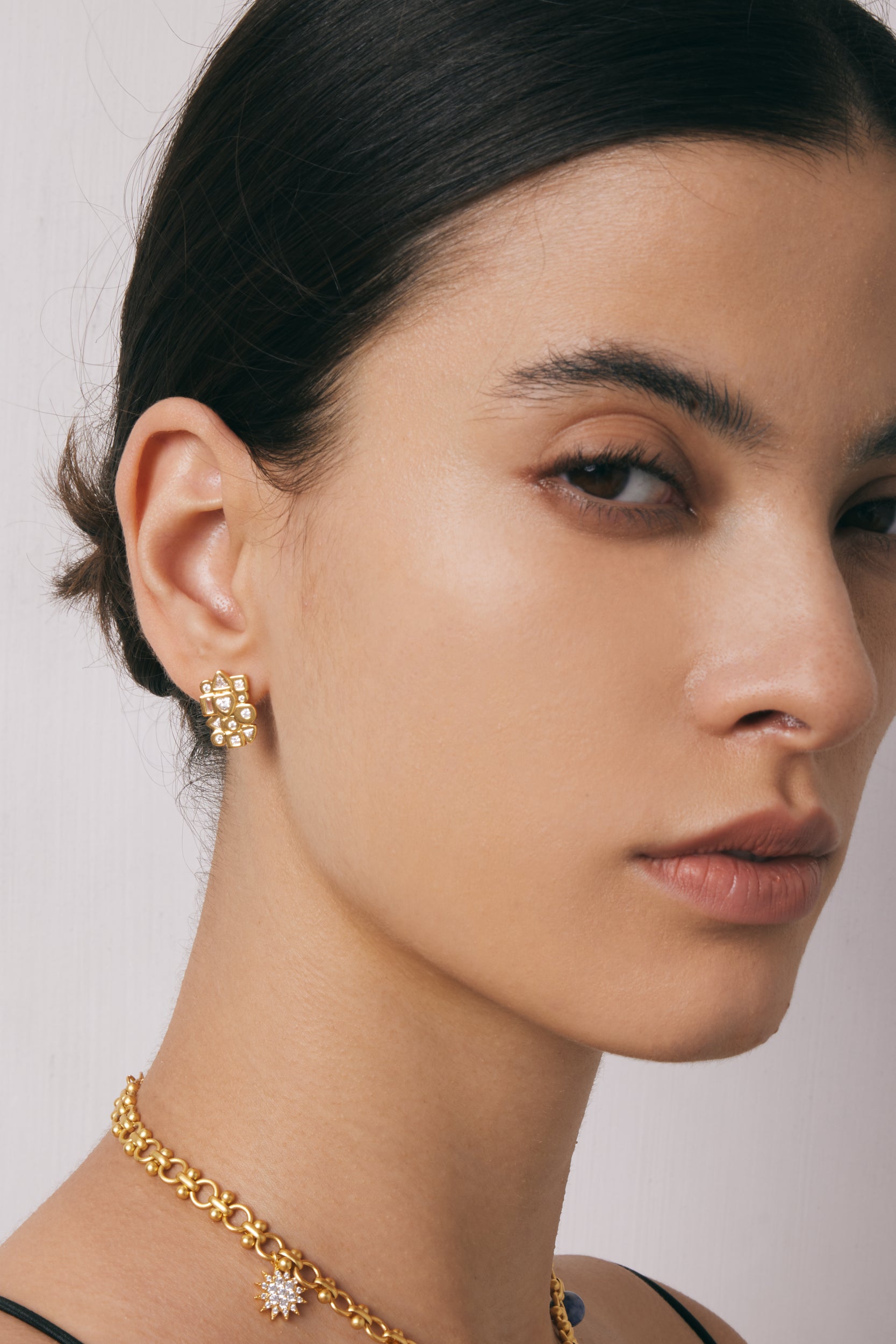 Geometrical Combination Earrings - 18ct Gold Plated & White Zircon
