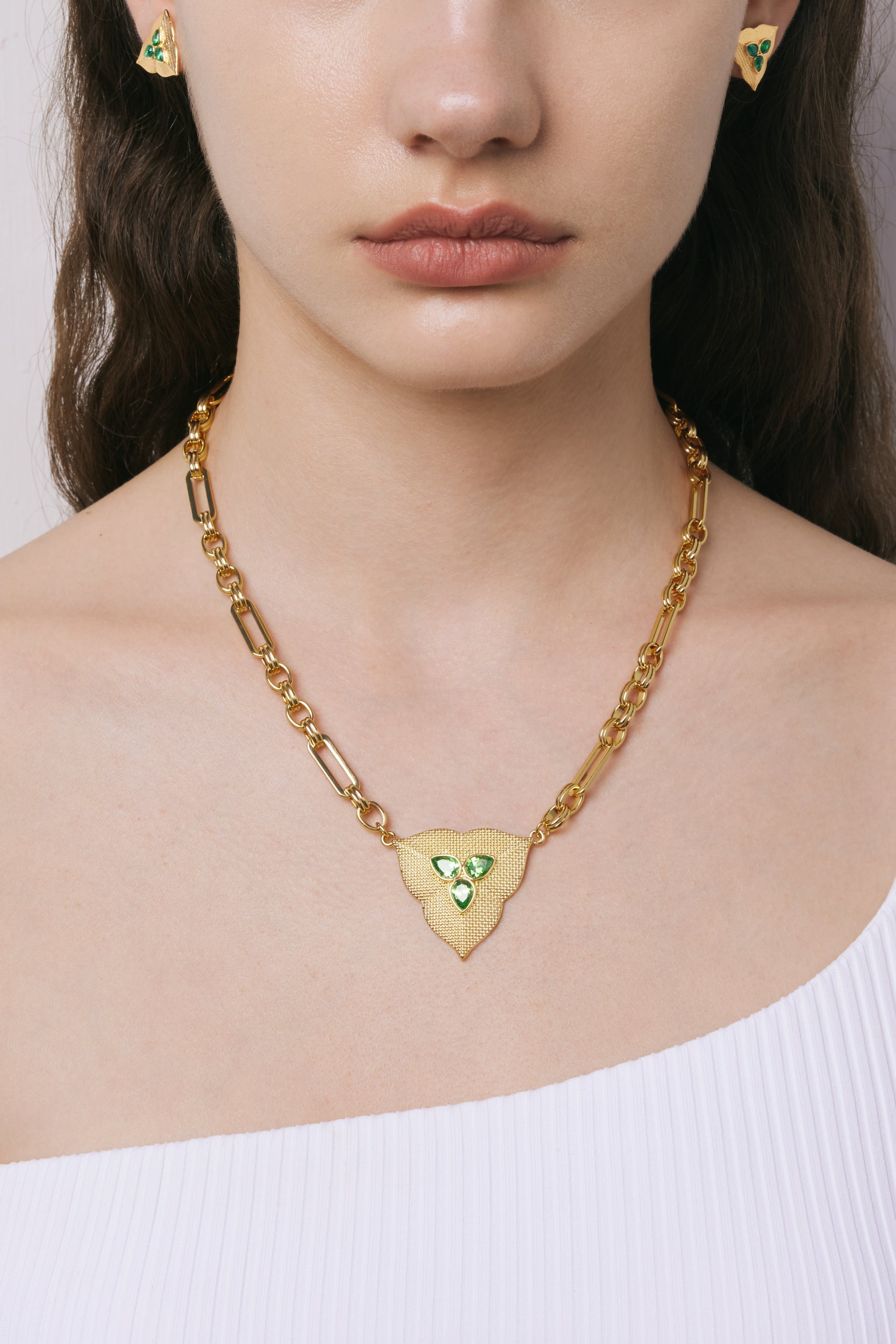 Leaf Pendant Necklace - 18ct Gold Plated & Dark Green Zircon