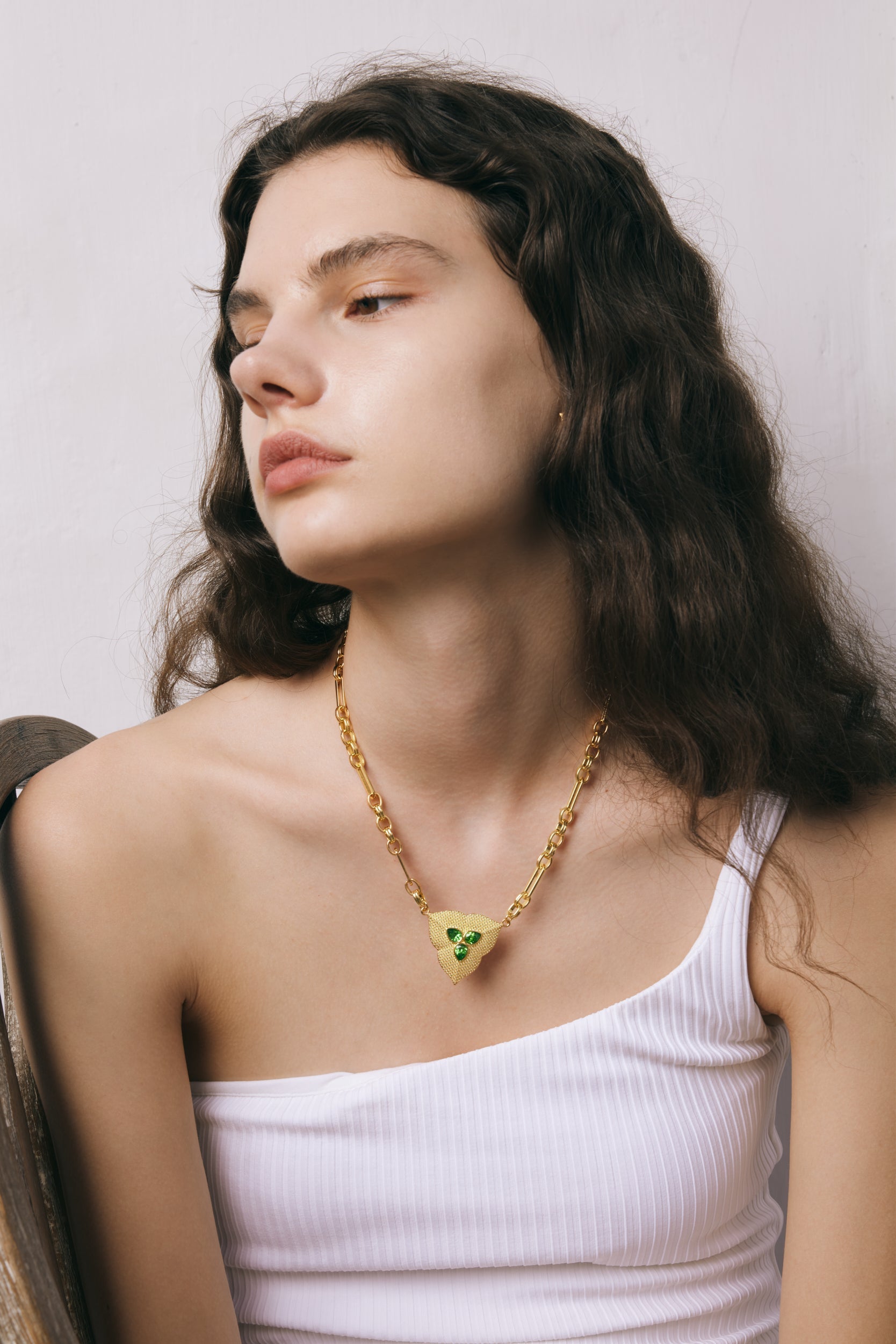Leaf Pendant Necklace - 18ct Gold Plated & Dark Green Zircon