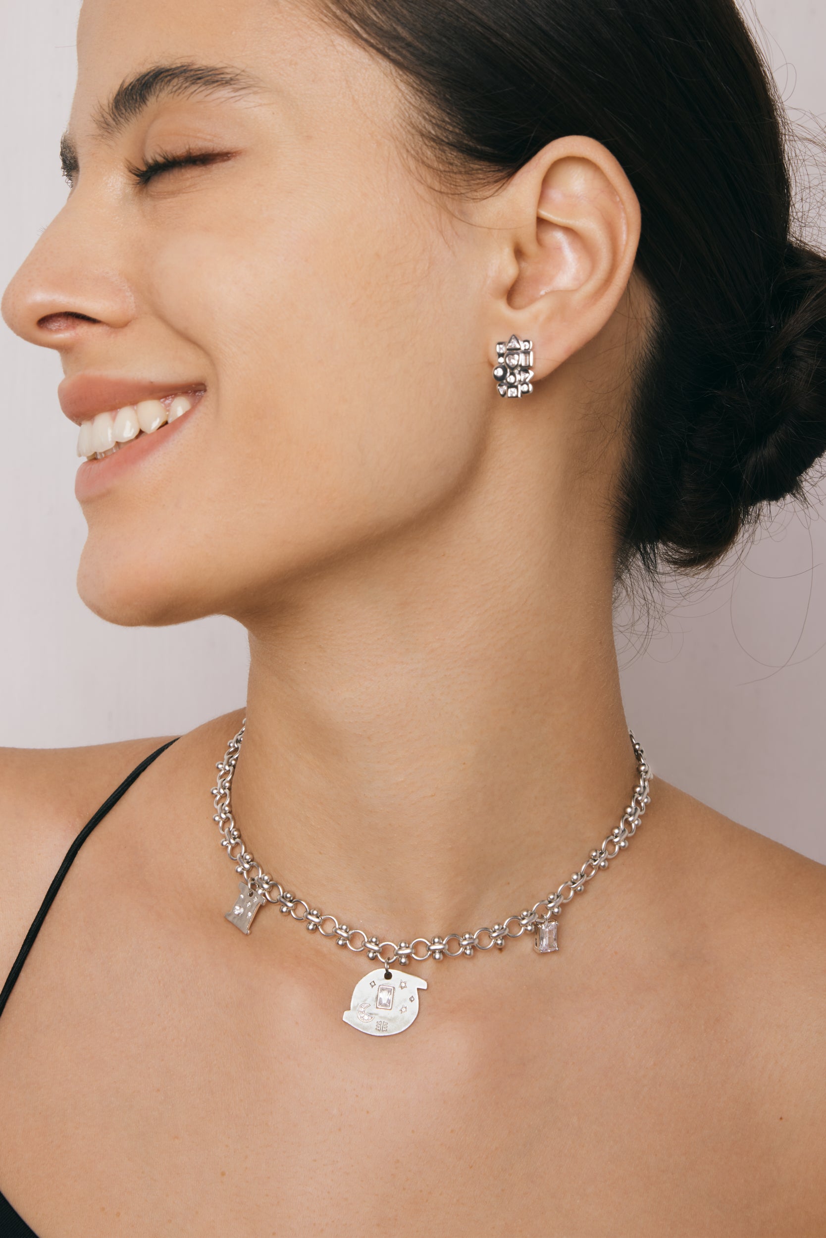 Cosmos Round Multi Charm Necklace - 18ct White Gold Plated & White Zircon