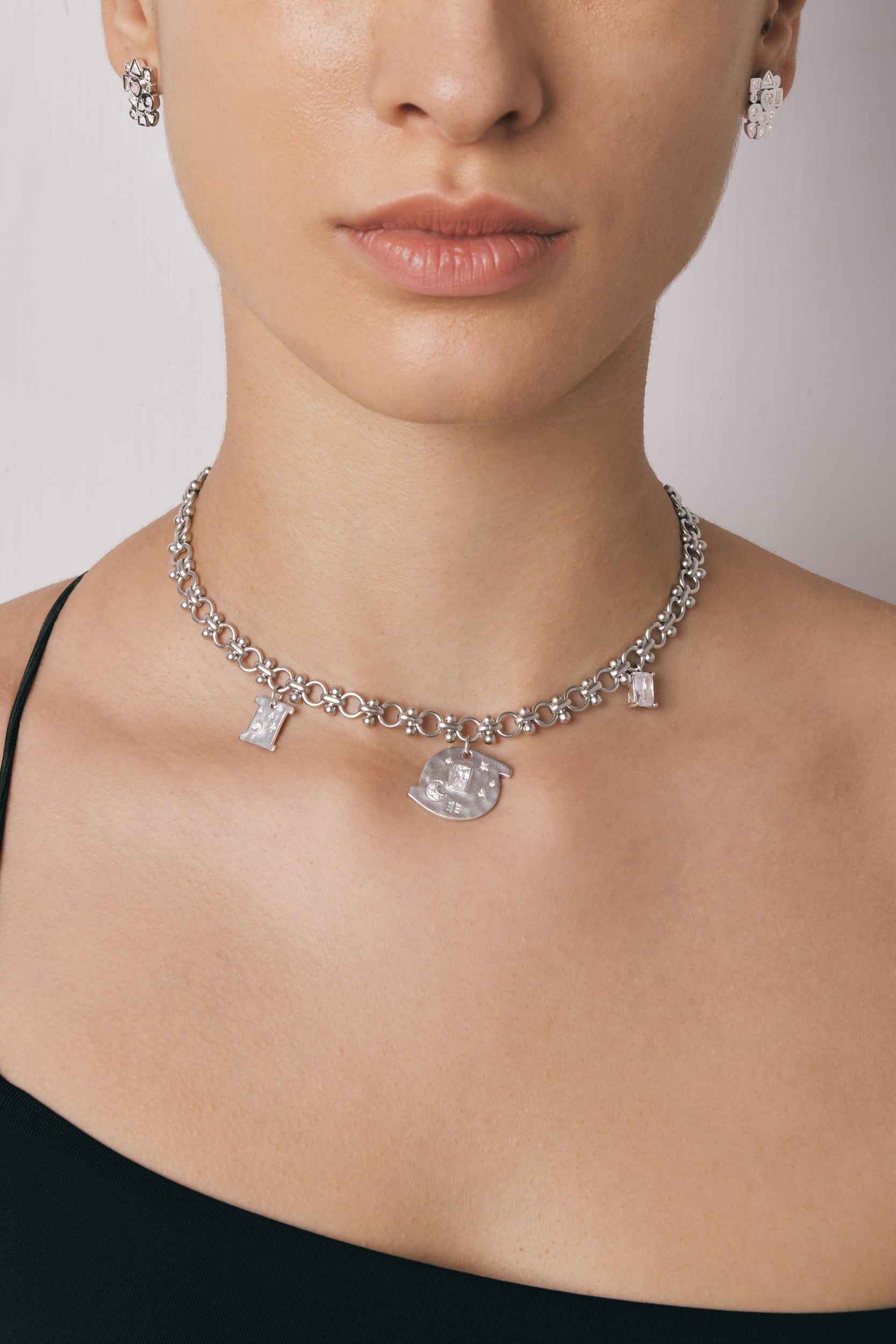 Cosmos Round Multi Charm Necklace - 18ct White Gold Plated & White Zircon